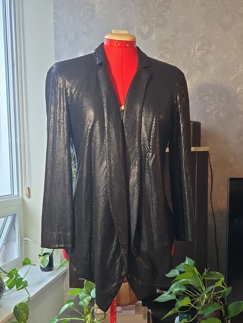 Ella Moss Draped Black  Sequins Open-Front Jacket